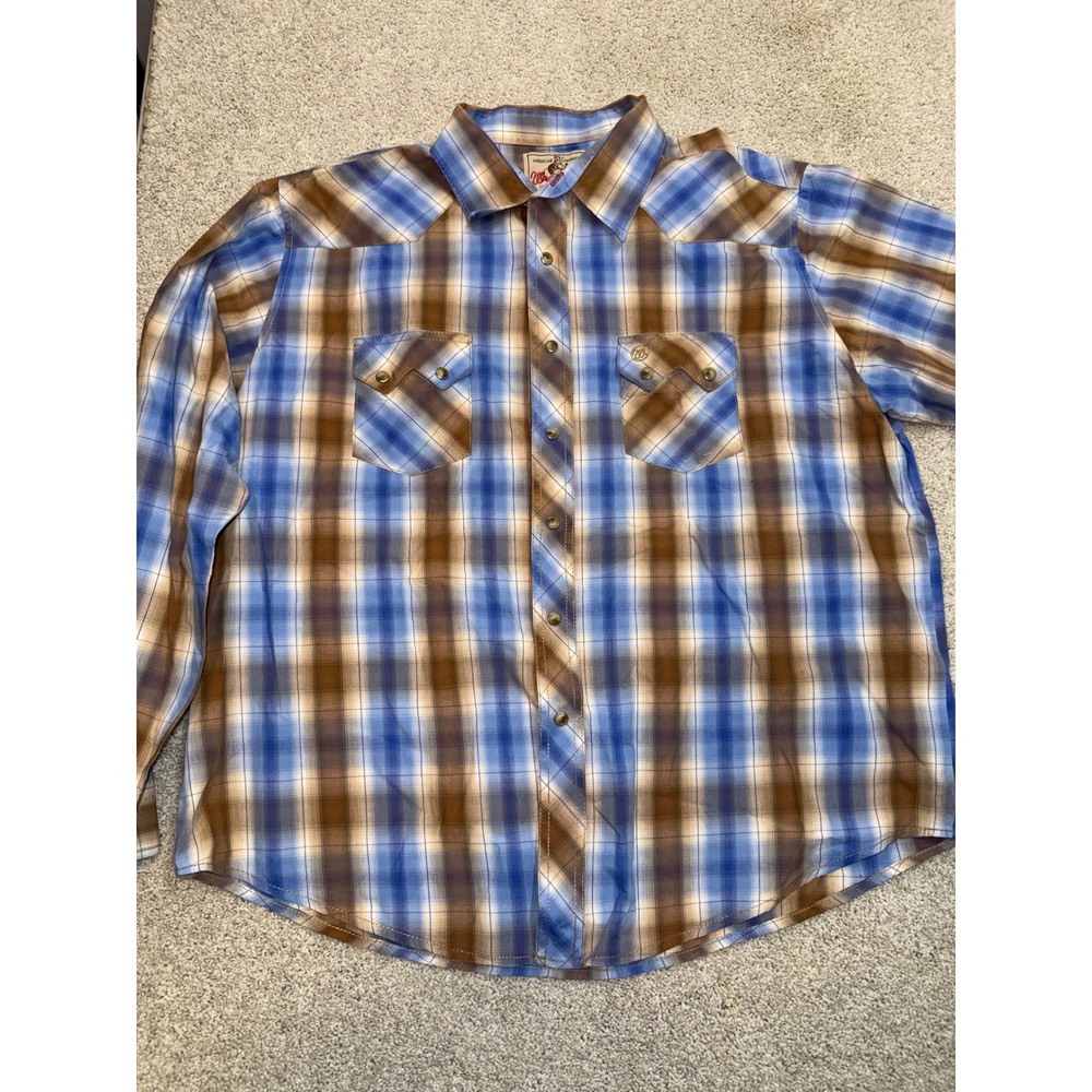 Wrangler American Cowboys Men XL Blue Brown Plaid Western Pearl Snap